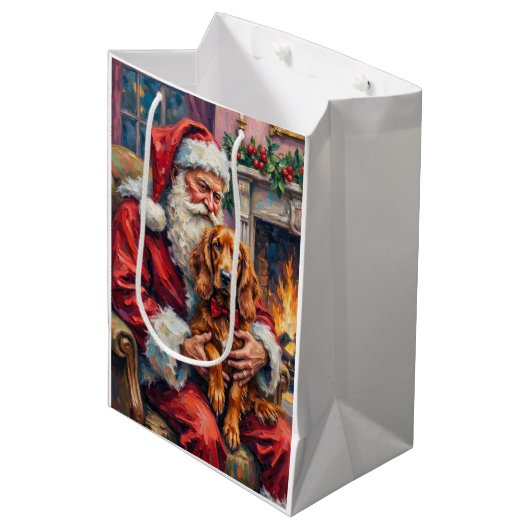 Kerstman met Ierse Rode Setter Kerstkunst Medium Cadeauzakje (Voorkant Gekanteld)