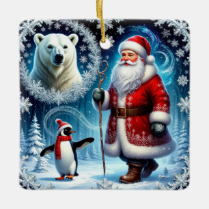 Kerstman met ijsbeer en pinguïn keramisch ornament