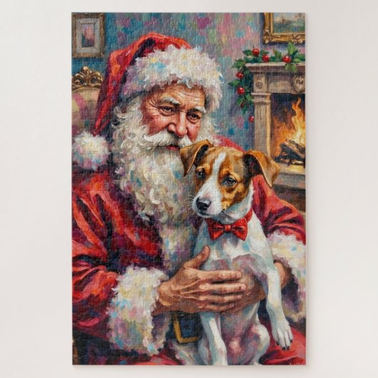 Kerstman met Jack Russell Kerst Kunst Legpuzzel (Verticaal)