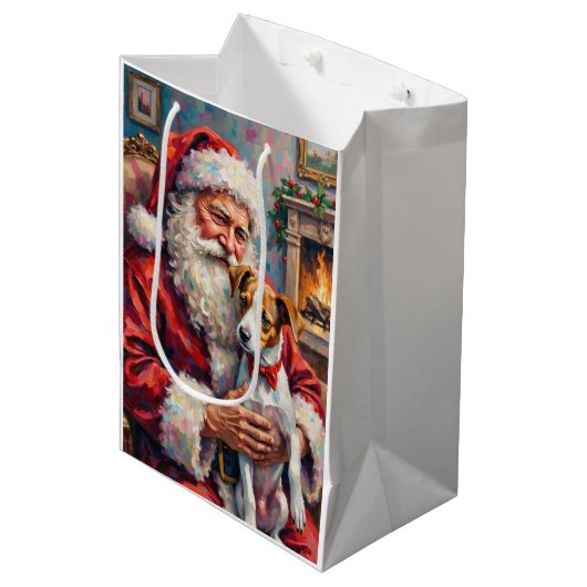 Kerstman met Jack Russell Kerstkunst Medium Cadeauzakje (Voorkant Gekanteld)