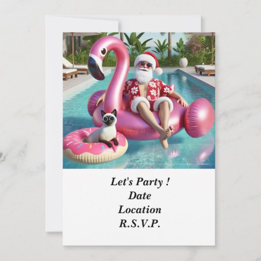 Kerstman met kat Kerstmis in juli Pool Party Kaart (Voorkant)