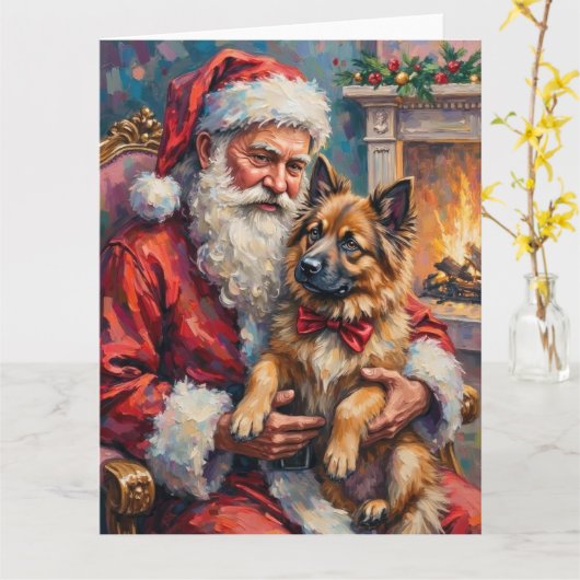 Kerstman met Keeshond Kerst Kunst Kaart (Gele Bloem)