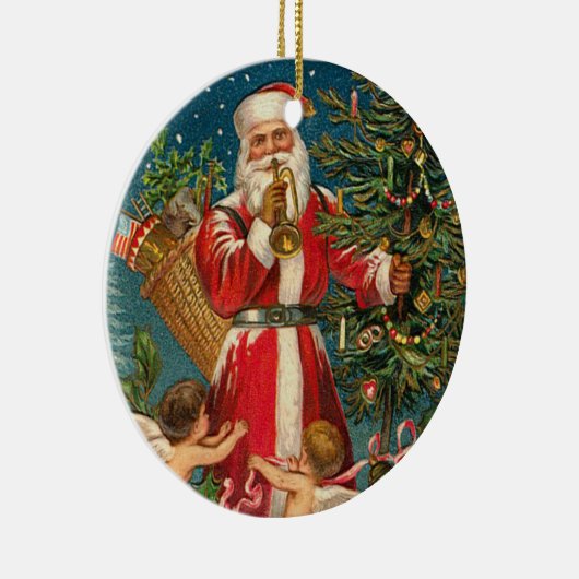 Kerstman met kerstangels rond een boom keramisch ornament (Rechts)