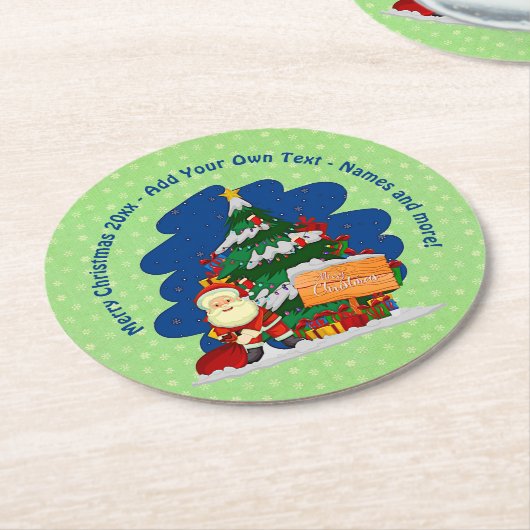 Kerstman met kerstboom 20xx voeg tekst toe ronde kartonnen onderzetter (Gebogen)