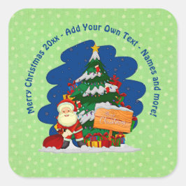 Kerstman met kerstboom 20xx voeg tekst toe vierkante sticker