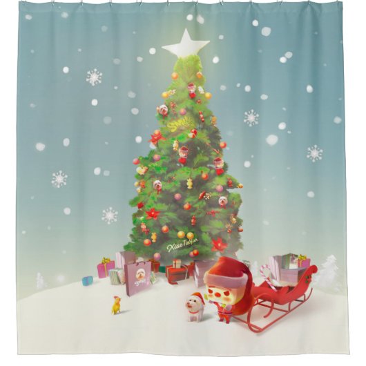 Kerstman met kerstboom douchegordijn (Voorkant)