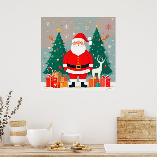 Kerstman met kerstboom en cadeaus poster (Keuken)
