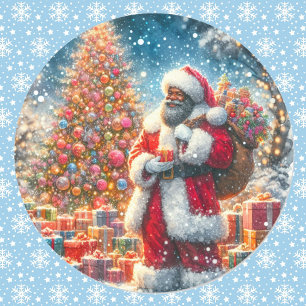 Kerstman met kerstboom en geschenken Afro-Amerikaa Ronde Sticker
