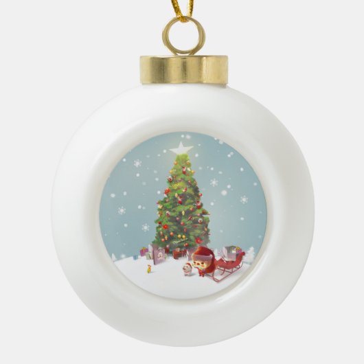 Kerstman met kerstboom keramische bal ornament (Voorkant)