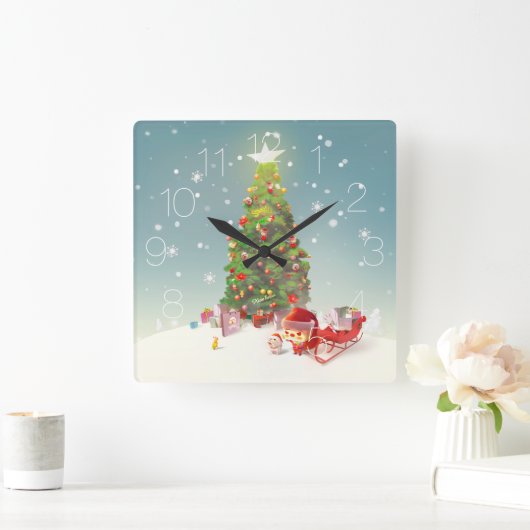 Kerstman met kerstboom vierkante klok (Huis)