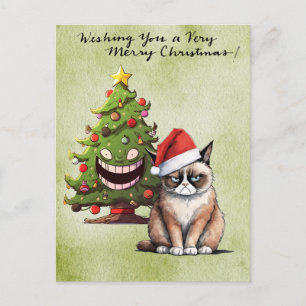 Kerstman met kerstboom voor kattenliefhebbers feestdagenkaart