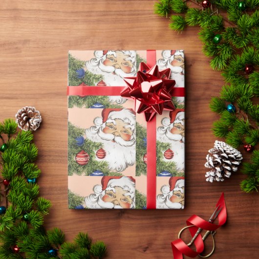 Kerstman met kerstboomornamenten in vintage stijl cadeaupapier (Feestdagen Geschenken)