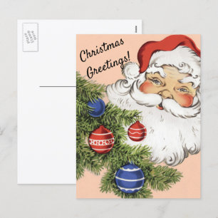 Kerstman met kerstboomornamenten in vintage stijl feestdagenkaart
