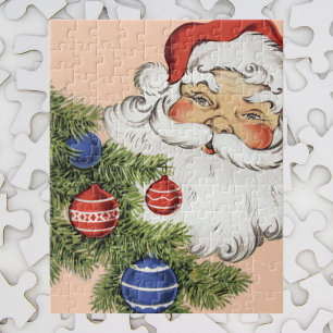 Kerstman met kerstboomornamenten in vintage stijl legpuzzel