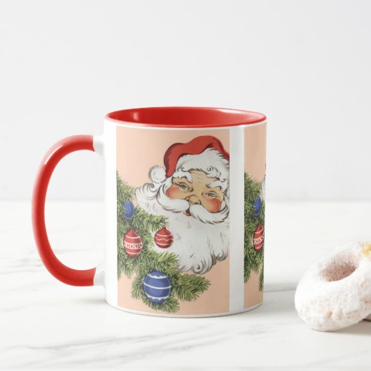 Kerstman met kerstboomornamenten in vintage stijl mok (Met donut)