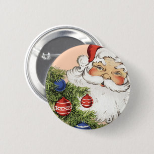 Kerstman met kerstboomornamenten in vintage stijl ronde button 5,7 cm