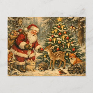 Kerstman met kerstbosdieren  feestdagenkaart