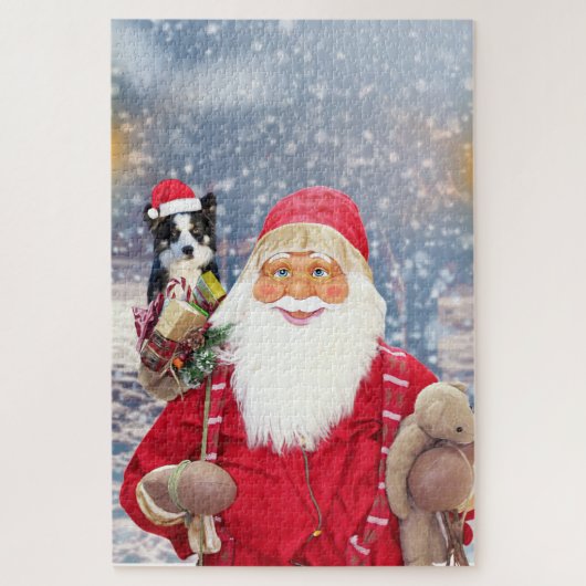 Kerstman met kerstcadeaus Border Collie hond Legpuzzel (Verticaal)