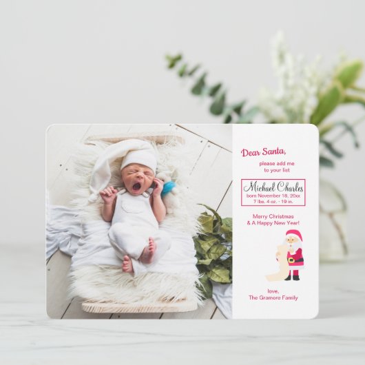 Kerstman met kerstlijstfoto geboorteaankondiging kaart (Staand voorkant)
