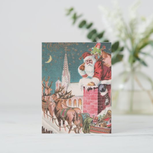 kerstman met kerstmis in Santa Sleigh Reindeer Feestdagenkaart (Staand voorkant)