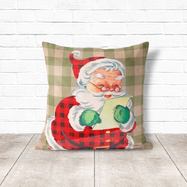  kerstman met kerstmis kussen (Vintage Style Santa Sage Green Plaid Christmas Throw Pillow
)