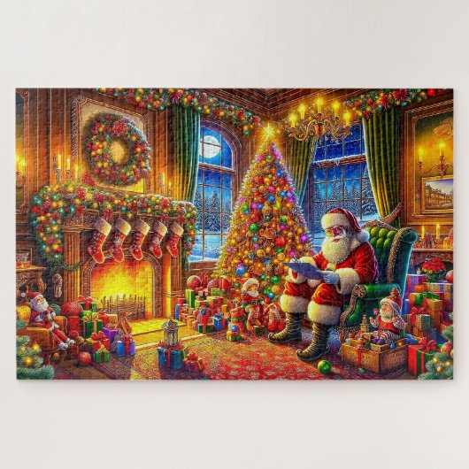 Kerstman met kerstversiering kerstverlichting legpuzzel (Horizontaal)