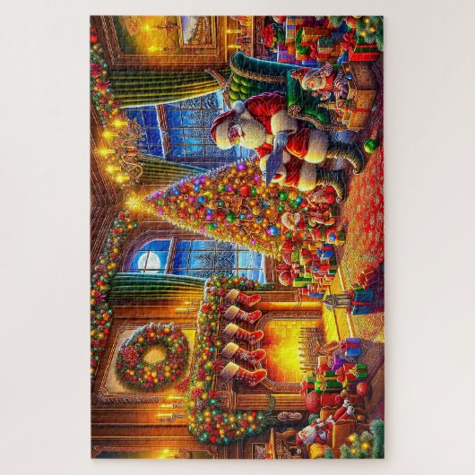 Kerstman met kerstversiering kerstverlichting legpuzzel (Verticaal)