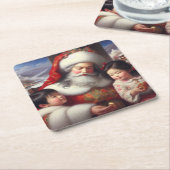 Kerstman met kinderen 5 kartonnen onderzetters (Schuin)