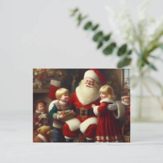 Kerstman met kinderen 6 feestdagenkaart (Staand voorkant)