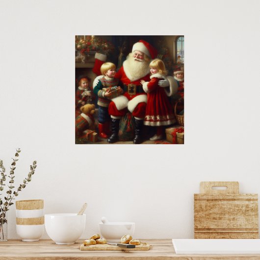 Kerstman met kinderen 6 poster (Keuken)