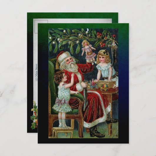 kerstman met kinderen, cadeautjes en mistletoe briefkaart (Voorkant / Achterkant)