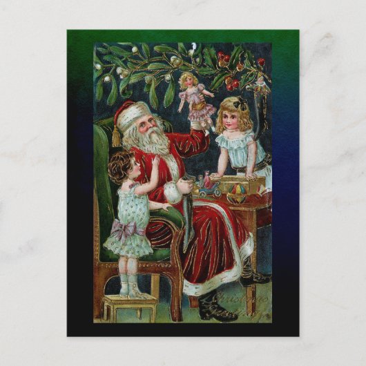 kerstman met kinderen, cadeautjes en mistletoe briefkaart (Voorkant)