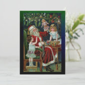  kerstman met kinderen, cadeautjes en mistletoe feestdagenkaart (Staand voorkant)