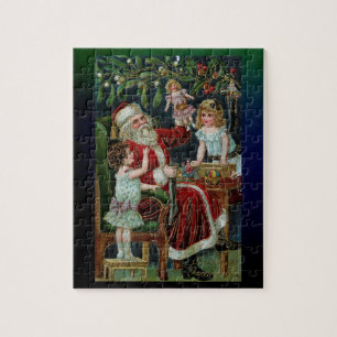  kerstman met kinderen, cadeautjes en mistletoe legpuzzel