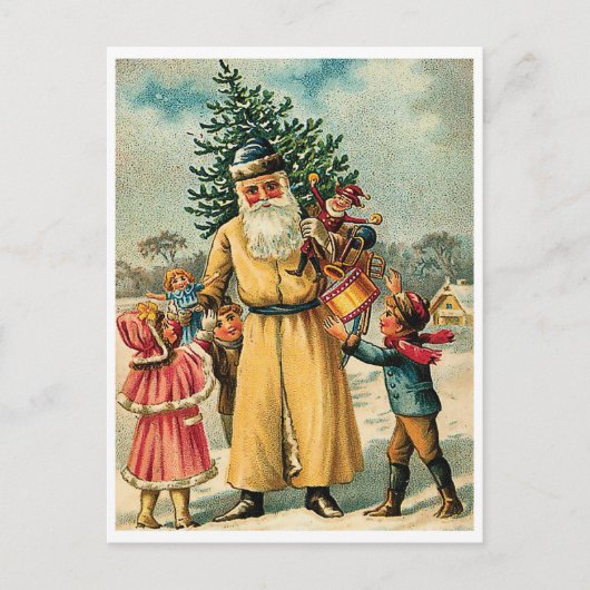 Kerstman met kinderen en kerstboom, vintage briefkaart (Voorkant)