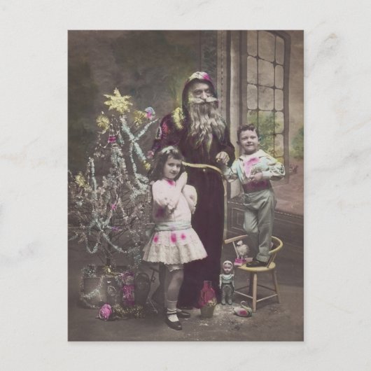 Kerstman met kinderen, kerstboom, vintage briefkaart (Voorkant)