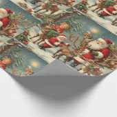  kerstman met kinderen, rendieren en geschenken cadeaupapier (Hoek)