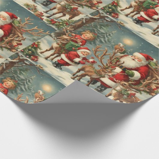  kerstman met kinderen, rendieren en geschenken cadeaupapier (Hoek)