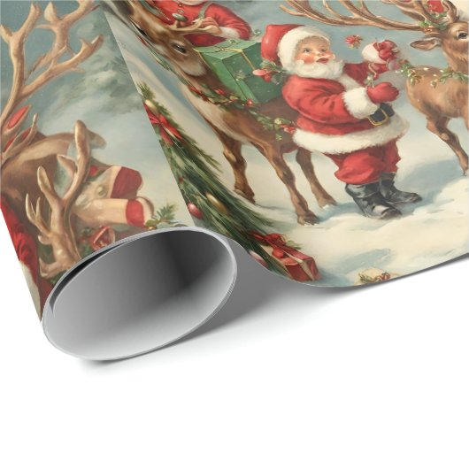  kerstman met kinderen, rendieren en geschenken cadeaupapier (Rol Hoek)