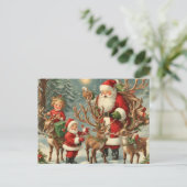 kerstman met kinderen, rendieren en geschenken feestdagenkaart (Staand voorkant)