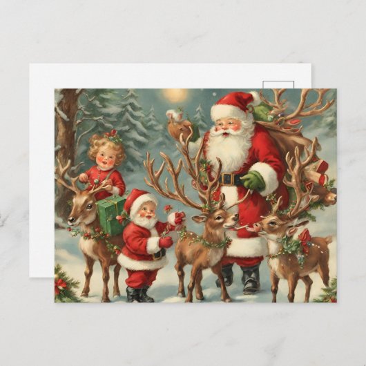  kerstman met kinderen, rendieren en geschenken feestdagenkaart (Voorkant / Achterkant)