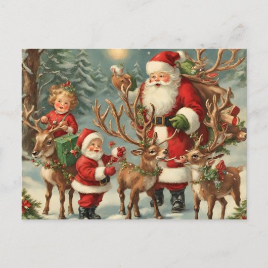  kerstman met kinderen, rendieren en geschenken feestdagenkaart (Voorkant)