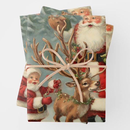 kerstman met kinderen, rendieren en geschenken inpakpapier vel (In situ)