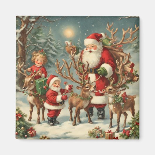 kerstman met kinderen, rendieren en geschenken magneet (Voorkant)