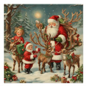  kerstman met kinderen, rendieren en geschenken perfect poster (Voorkant)