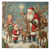  kerstman met kinderen, rendieren en geschenken tegeltje (Voorkant)