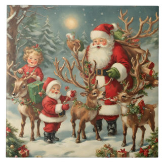 kerstman met kinderen, rendieren en geschenken tegeltje