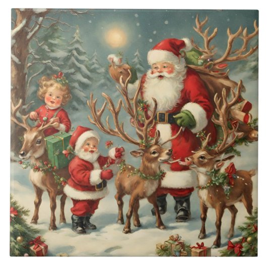 kerstman met kinderen, rendieren en geschenken tegeltje (Voorkant)