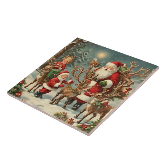  kerstman met kinderen, rendieren en geschenken tegeltje (Zijkant)