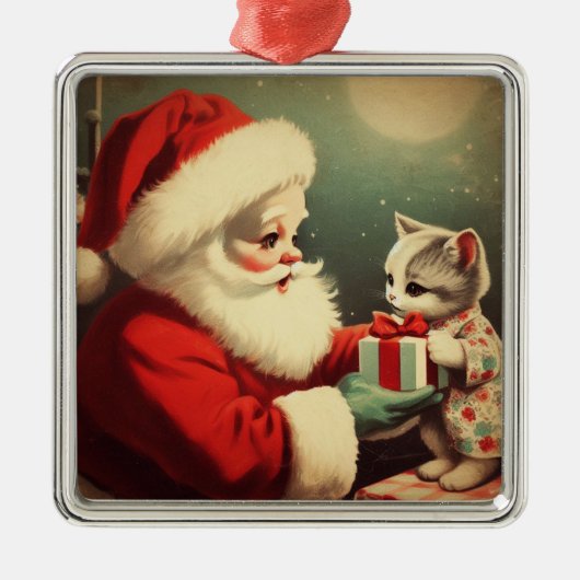  Kerstman met Kitten Retro Santa Metalen Ornament (Voorkant)